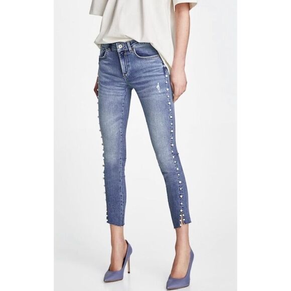 Zara Mid Rise Skinny Blue Jeans With Pearls Raw Hem Women’s Sz 4 - Picture 6 of 7